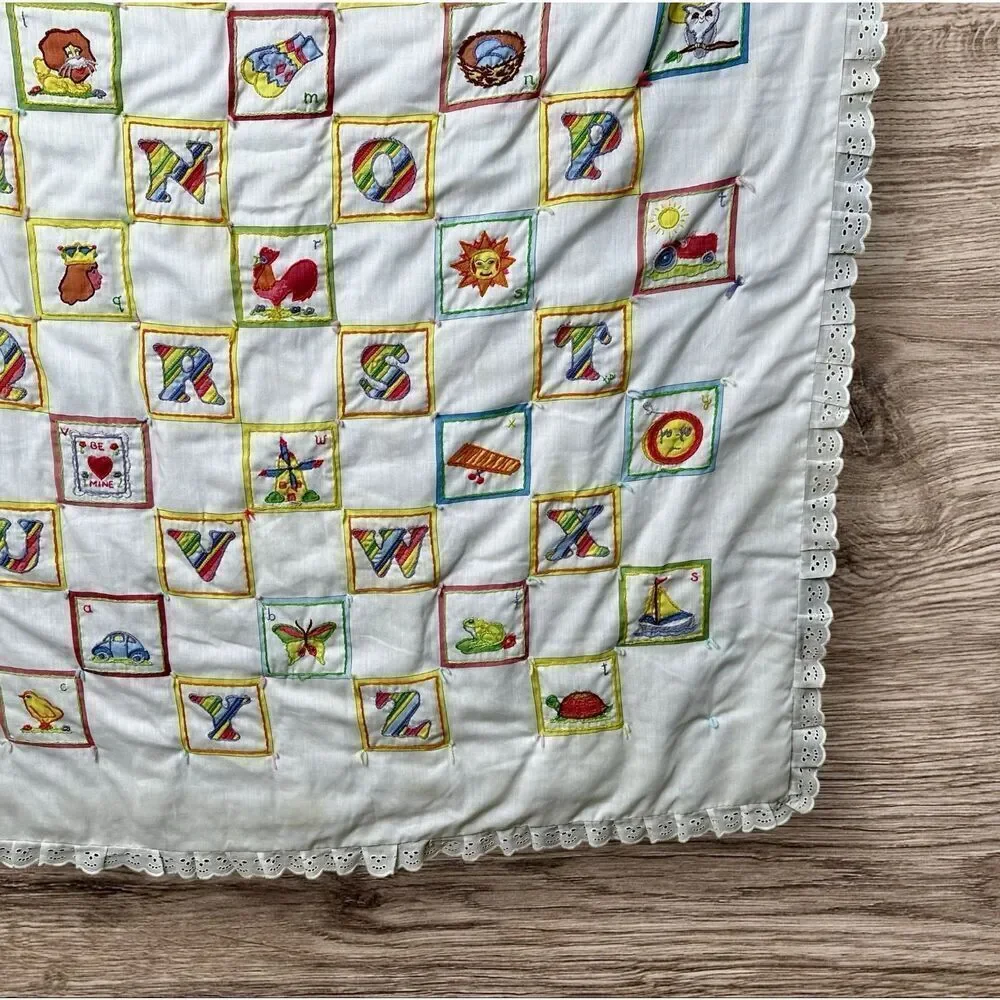 Vintage Hand Embroidered Blanket Baby Blanket Wall Decor Alphabet Patch Work